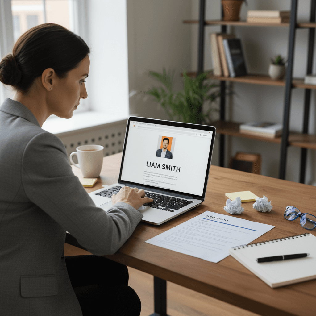 Professional optimizing LinkedIn profile on laptop