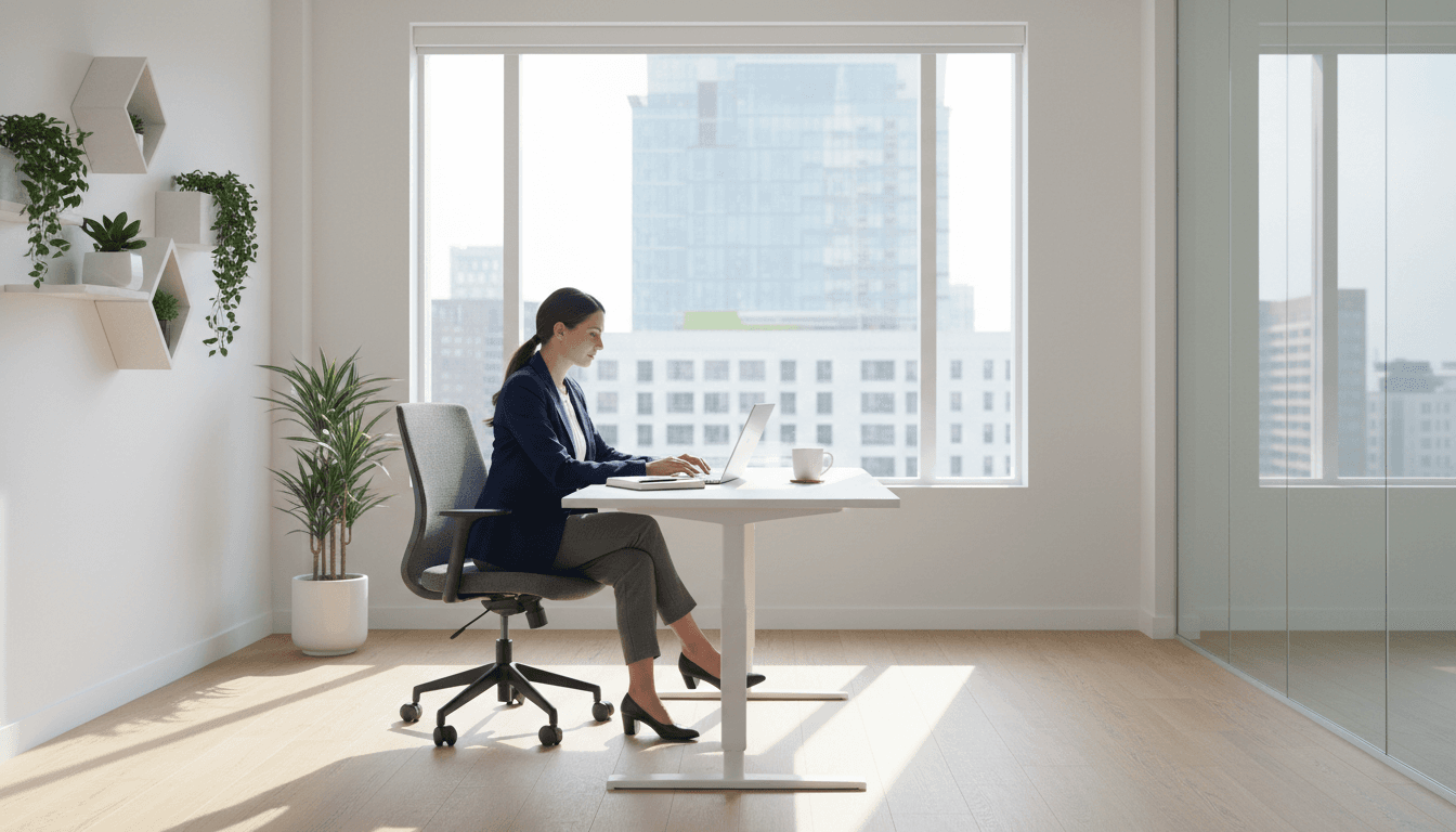 Professional woman working at desk with laptop in modern office