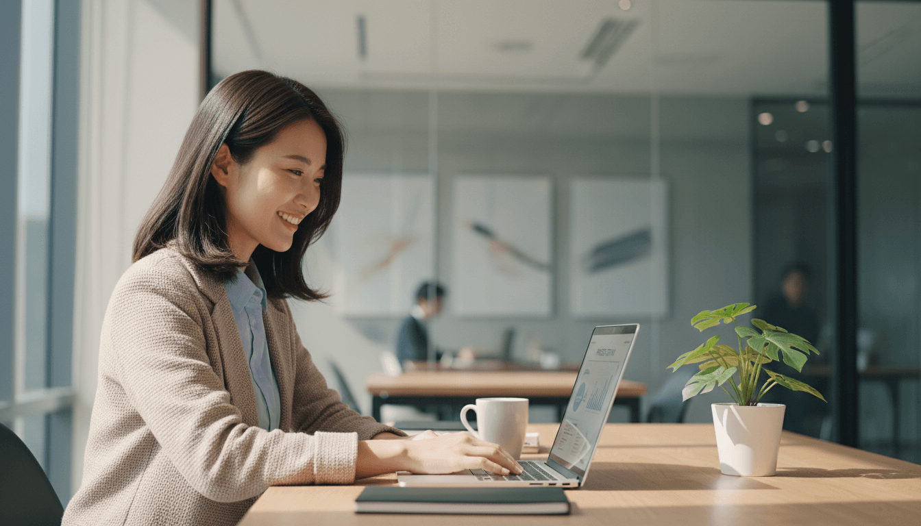 Professional woman in modern office setting working on career strategy
