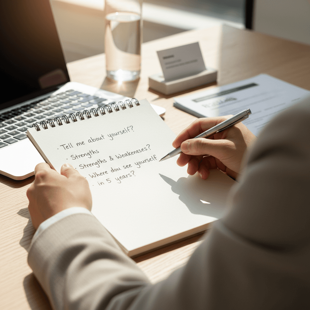 Professional preparing for job interview with notes